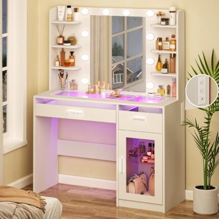 Sminkbord med spegel och belysning – sminkbord med lampor i 3 färger, transparent bordsskiva och 2 RGB-lådor